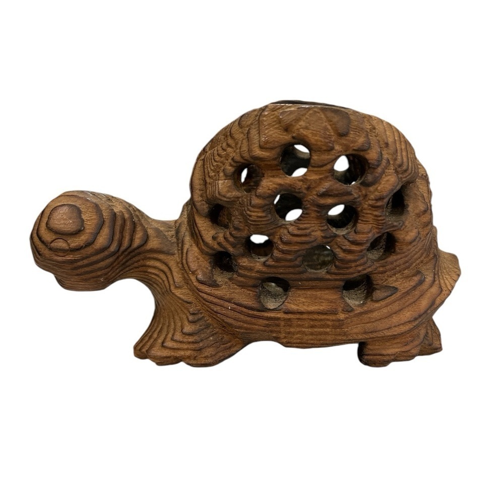 Vintage Hand Carved Wood Turtle Tea Light Holder Decor Shelf Sitter